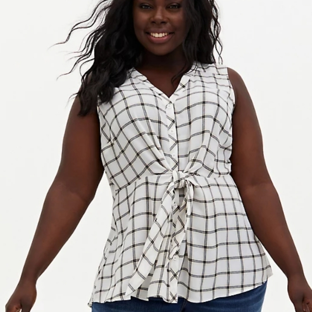 WHITE PLAID GEORGETTE PEPLUM TIE-FRONT TANK